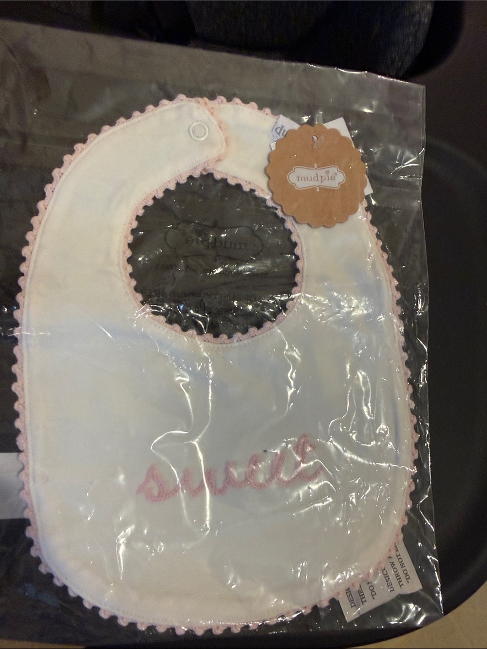 Mud Pie White Baby Bib with Light Pink Trim and Embroidered 'sweet'